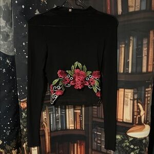 Charlotte Russe Black Long-Sleeve Crop Top with Red Rose Embroidery